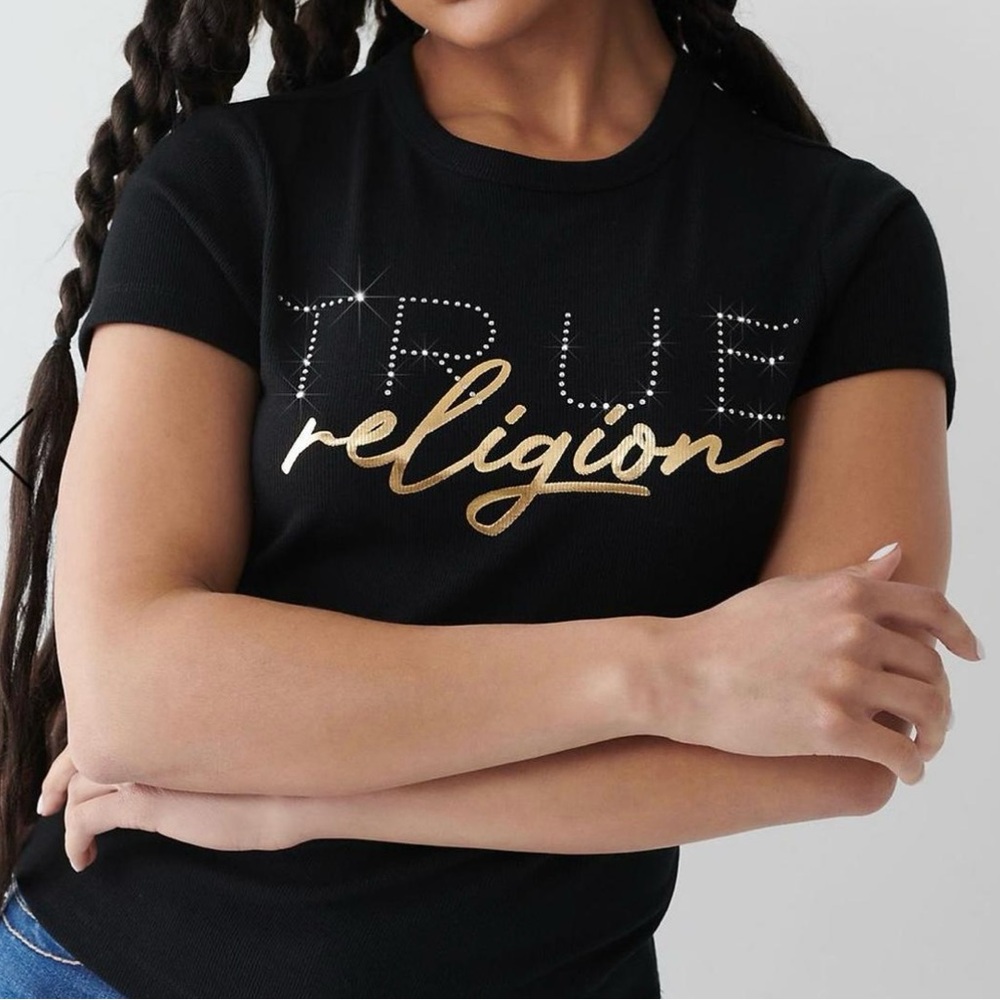 True Religion Black Tee with Gold Script and Rhinestone 'TRUE'